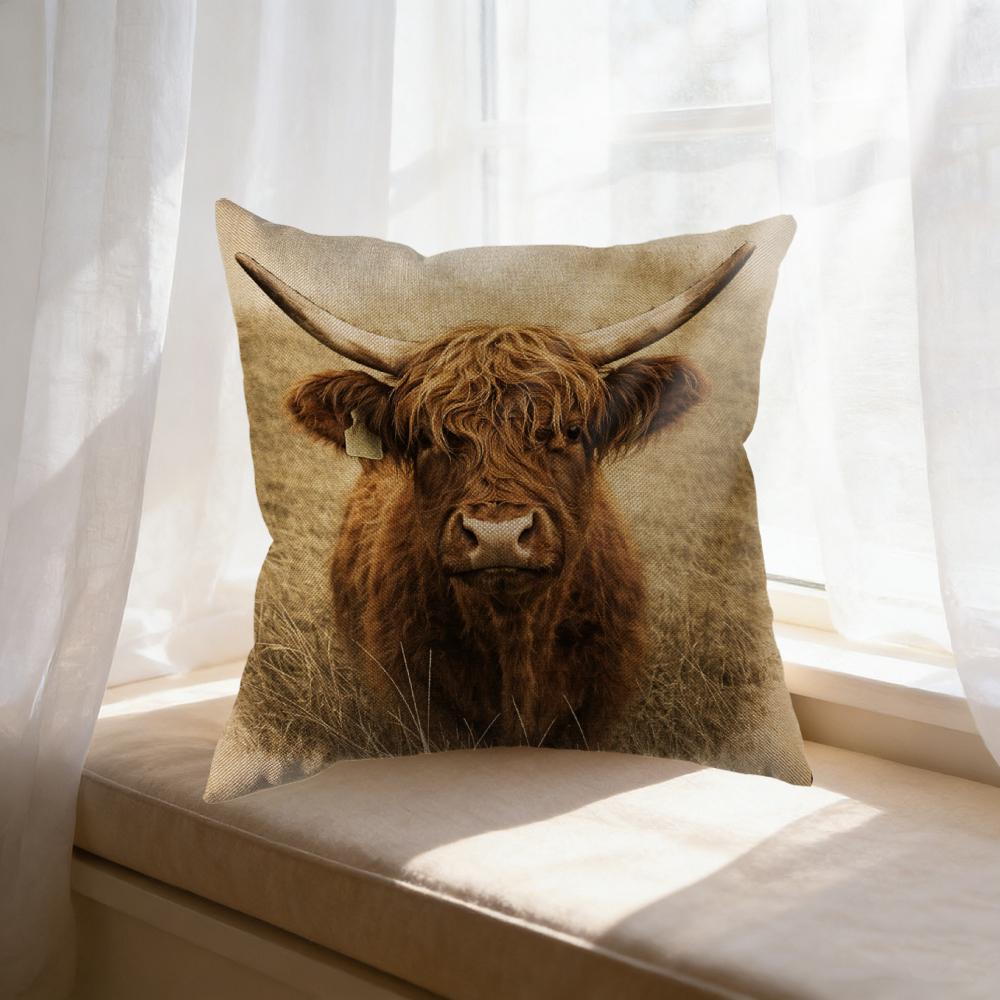 Tonnika Chen Unisex Beige Square Decorative Pillow Highland Cow Print For Living Room Bedroom Window Seat