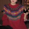 Fair Island New Red Vintage Christmas Sweater Women's Winter Loose Thick Lazy Wind Crew Neck Knitted Top New