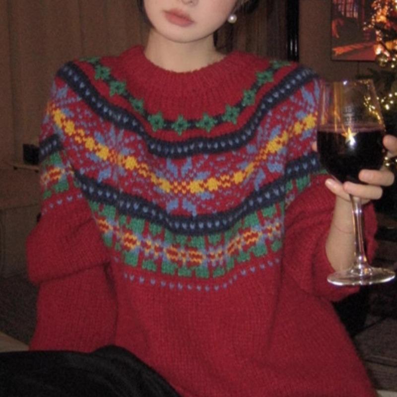 Fair Island New Red Vintage Christmas Sweater Women's Winter Loose Thick Lazy Wind Crew Neck Knitted Top New