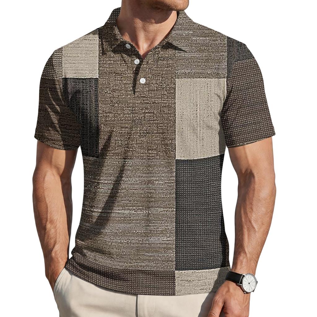Mens Loose Fit Casual Plaid Print Short Sleeve Polo Shirt Classic Turn Down Collar Soft Lightweight Top