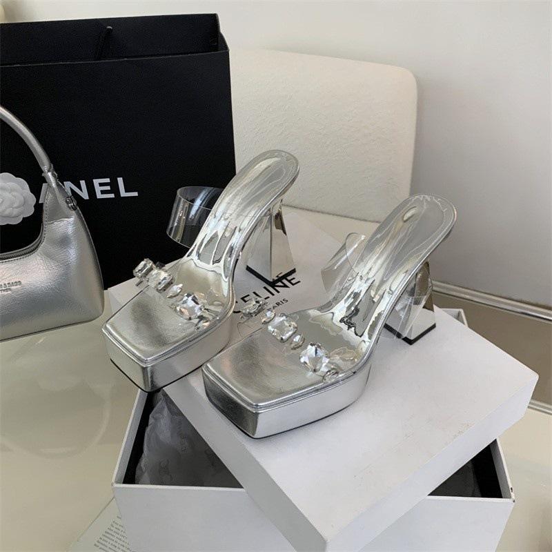 High heel one-word cool slippers women's summer 2025 new fashion crystal waterproof table women's slippers thick heel slippers women