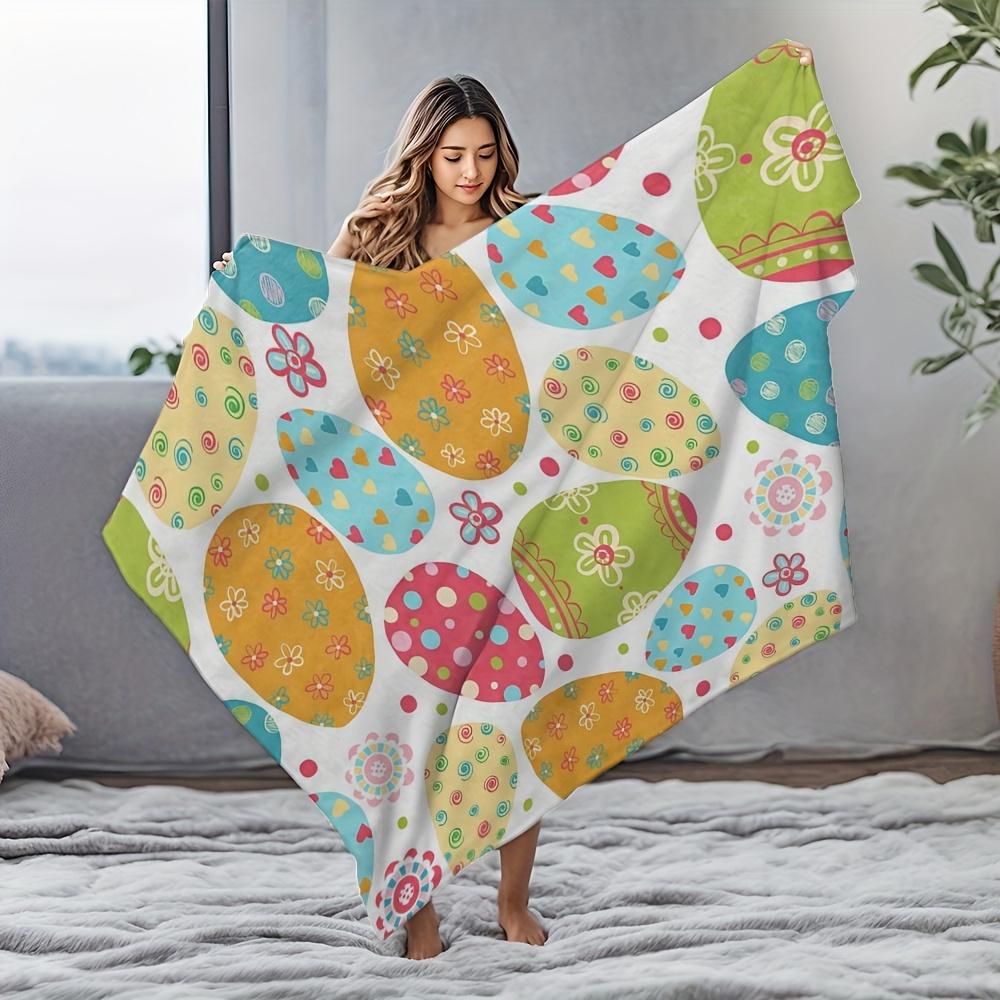 [Holiday Joy]Colorful Easter Egg and Floral Pattern Blanket- Comfortable Flannel Blanket, Suitable for Sofa, Bed, or Gift, Perfe