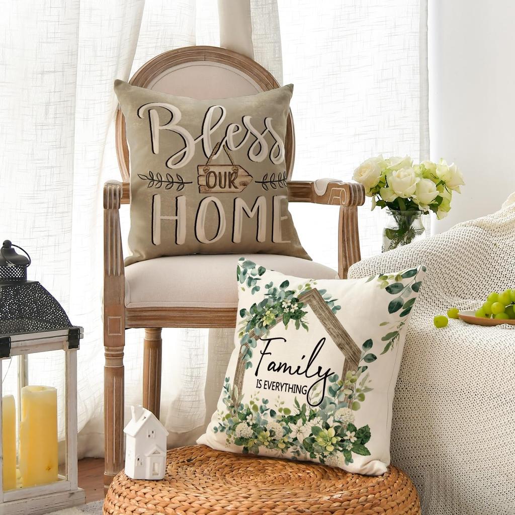 AVOIN Colorlife Sweet Home Family Is Everything Spring Floral Throw Pillow Covers, 18 X 18 Inch Seasonal Eucalyptus Flowers Cushion Case Decoration