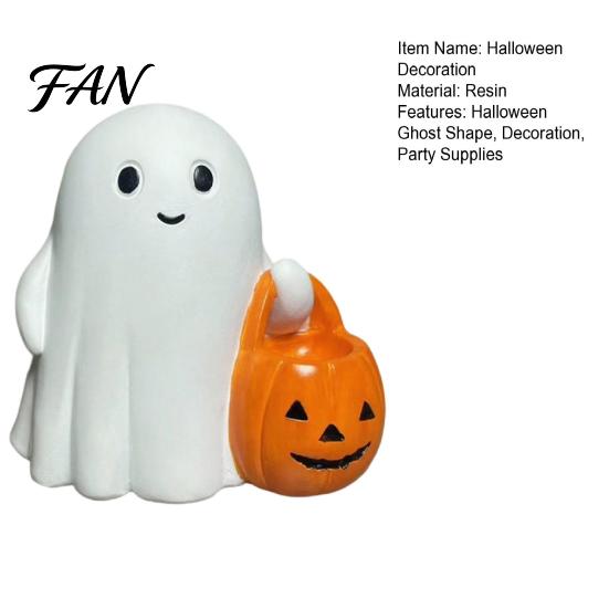 Holiday Ghost Ornament Halloween Holding Pumpkin Figurine, Spooky Statue with Night Light, Resin for Desk Tabletop Centerpiece Lighted Figurine