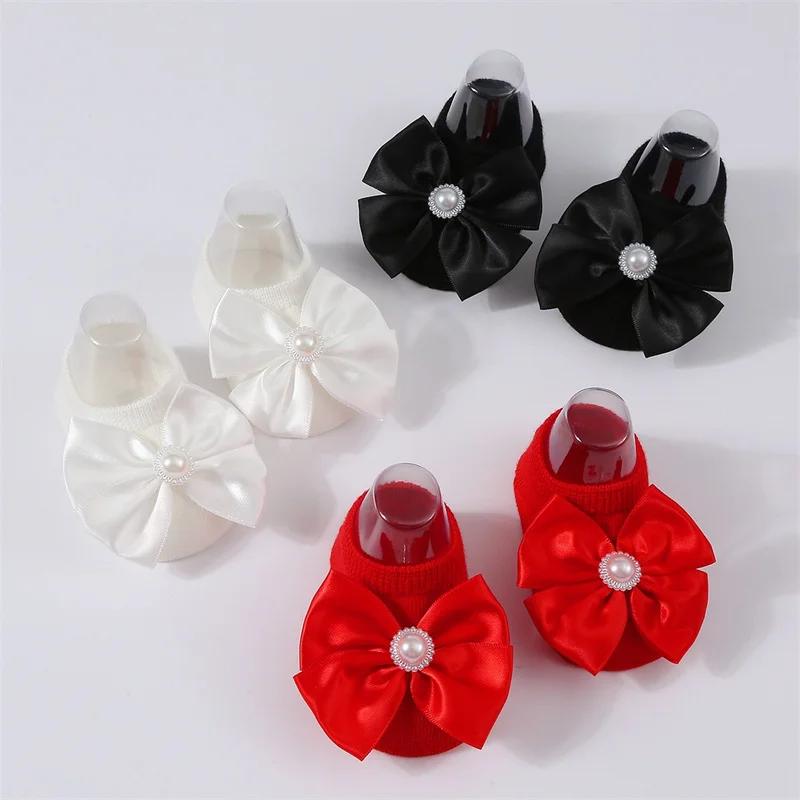Baby Pearl Bow Solid Color Floor Socks Newborn Infant Knitted Breathable Socks Sweet Cute Girls Princess Children Birthday Gifts