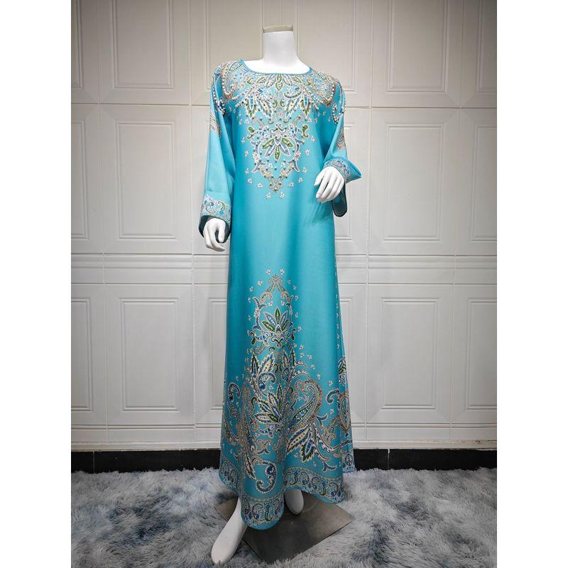 

Индонезия Ближний Восток Арабский Принт Халат Дубай Женское Платье Ближний Восток Горячая Фиксация Стразы Совок А-силуэтное Платье Платье Blue XL