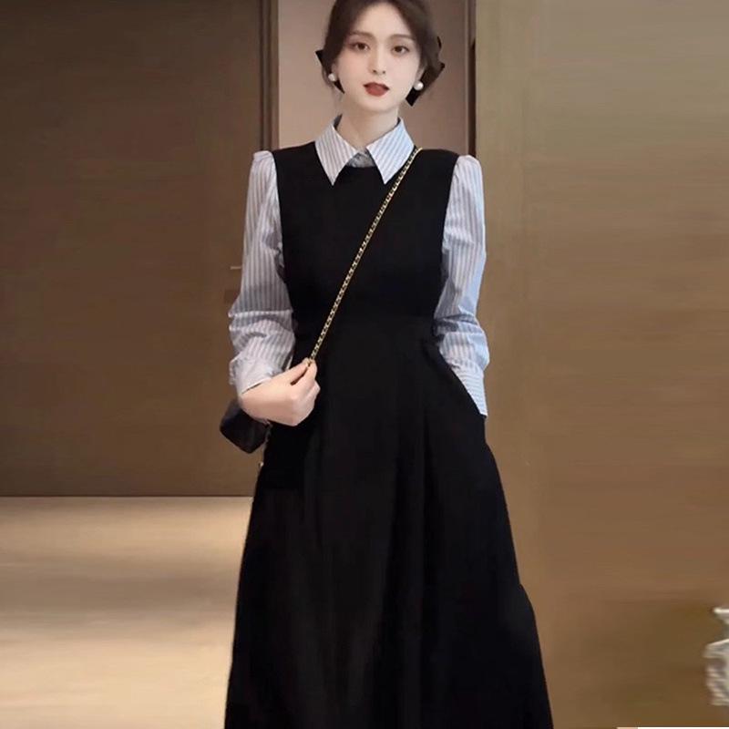 

Осінній жіночий набір: довга бавовняна сукня-сорочка в стилі Гіпберн, темно-синя та чорна 2XL (65-72.5 kg) чорний