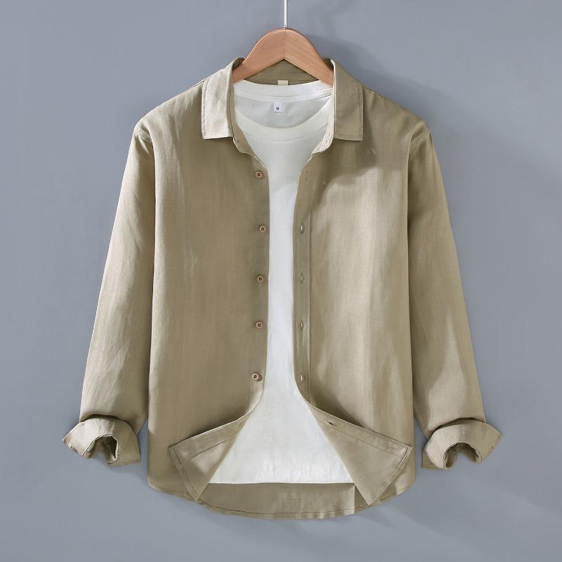 Men's Solid Color Long Sleeve Button Up Shirt Casual Loose Fit Breathable Linen Blend Daily Top