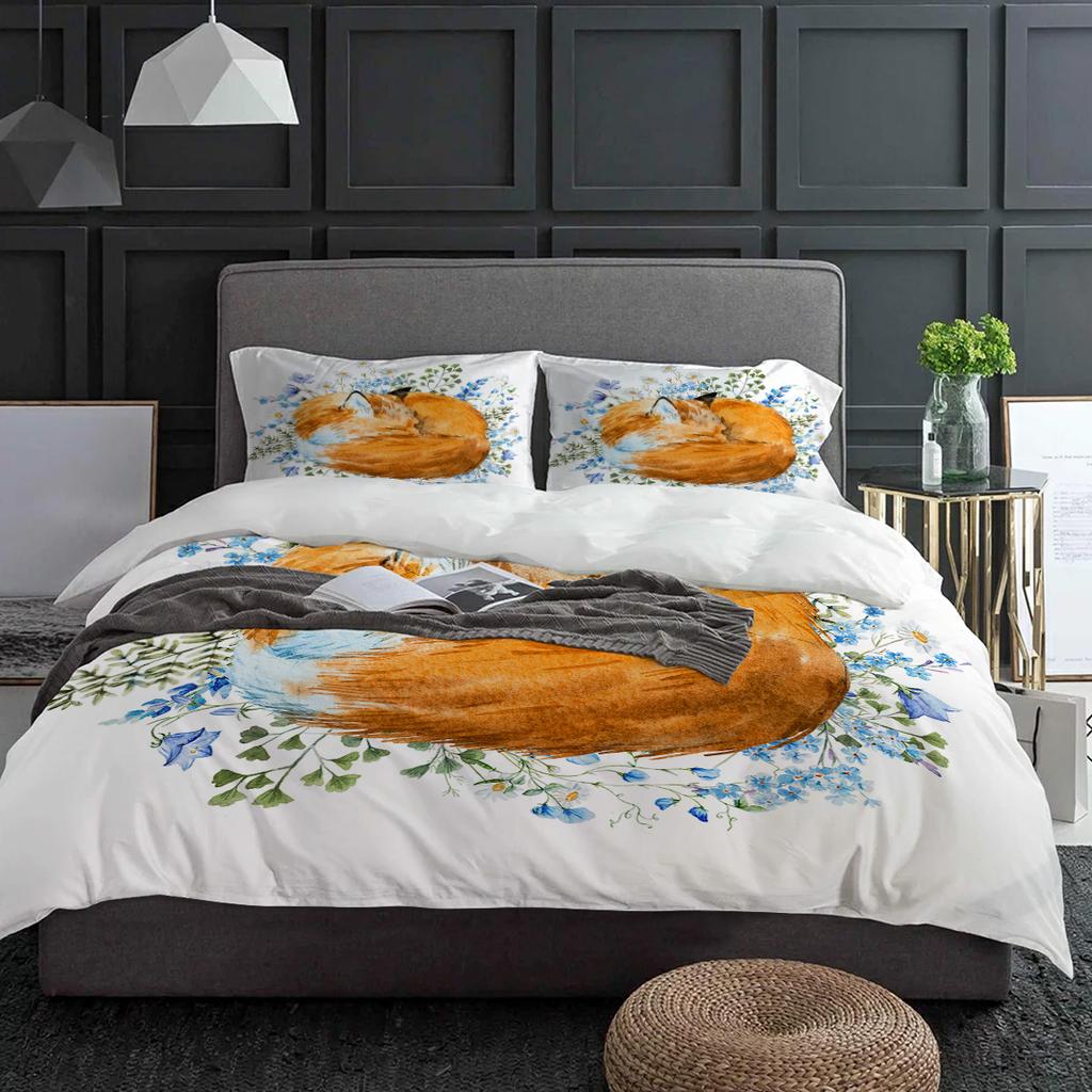 Cartoon Animal Watercolor Sleeping Fox Flower Bedding Set 3pcs Duvet Cover Pillowcase Quilt Cover Double Bed Set Home Textile
