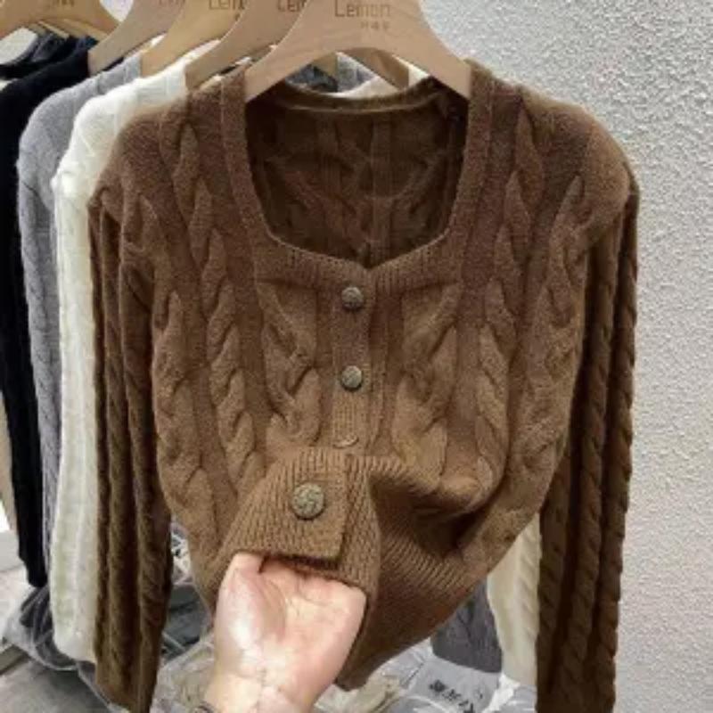 

Витой короткий свитер, кардиган, женский, весна 2022, новый винтажный стиль, однобортный вязаный кардиган с квадратным вырезом, пальто-свитер One Size