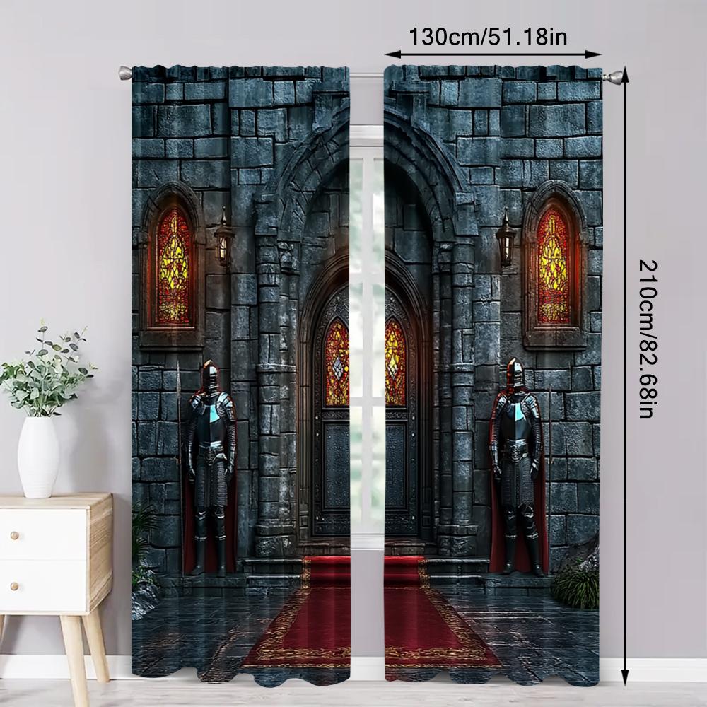 2pc,  Curtains Medieval Castle Versatile 100% Polyester,Without Electricity Birthday Party Use for With Rod Pockets, Translucent