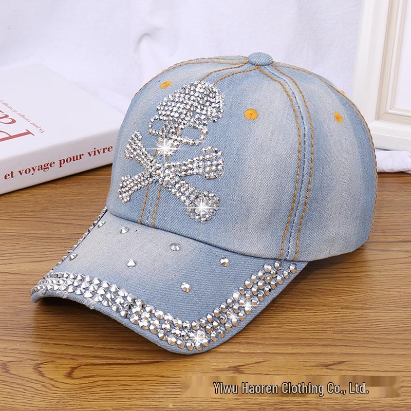 Damen Strass Denim Baseballkappe - Paris Schriftzug Sonnenhut