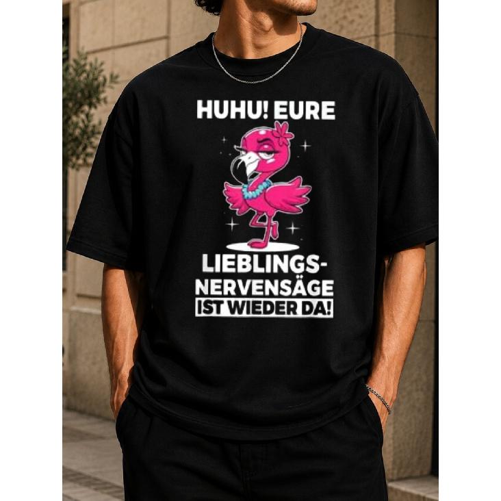 Men's German HUHU Sassy Pink Flamingo T-Shirt - Bold Comic Quote Tee with "Eure Lieblings-Nervensäge" Print, Round Neck Casual Shirt Suitable for
