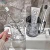 Gehämmerter Glasbecher mit Henkel, Klar & Grau Wasserbecher, Zahnbürstenhalter für Badezimmer, Zuhause, Büro