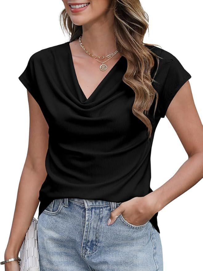 Women s Cowl Neck Cap Sleeve Regular Fit Elegant Casual Top Solid Color Knit Tee S