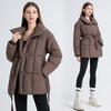 Winter Schlanker Damen Daunen Baumwollparka Knielang Kapuze Gürtel Mantel Gesteppte Jacke
