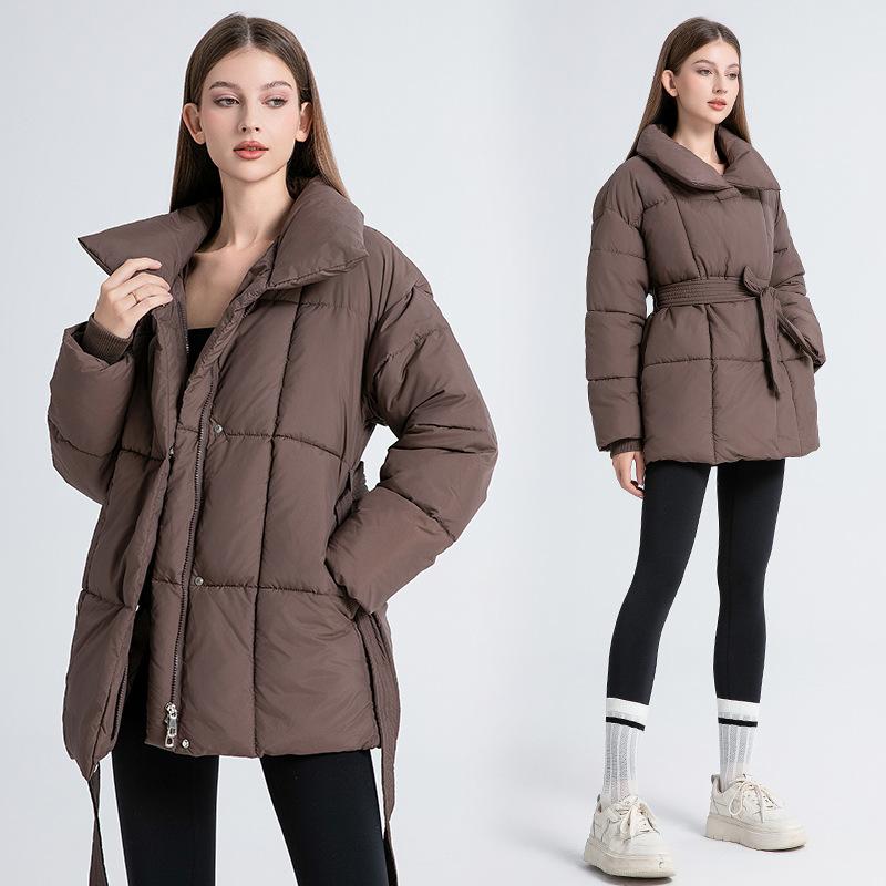Winter Schlanker Damen Daunen Baumwollparka Knielang Kapuze Gürtel Mantel Gesteppte Jacke