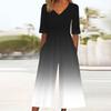 Women's Loose Casual V-Neck Gradient Printed Jumpsuit Slim Fit Wide Leg Jumpsuit