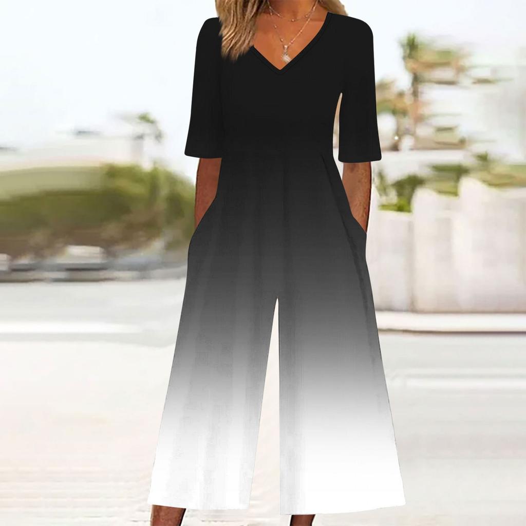 Women's Loose Casual V-Neck Gradient Printed Jumpsuit Slim Fit Wide Leg Jumpsuit
