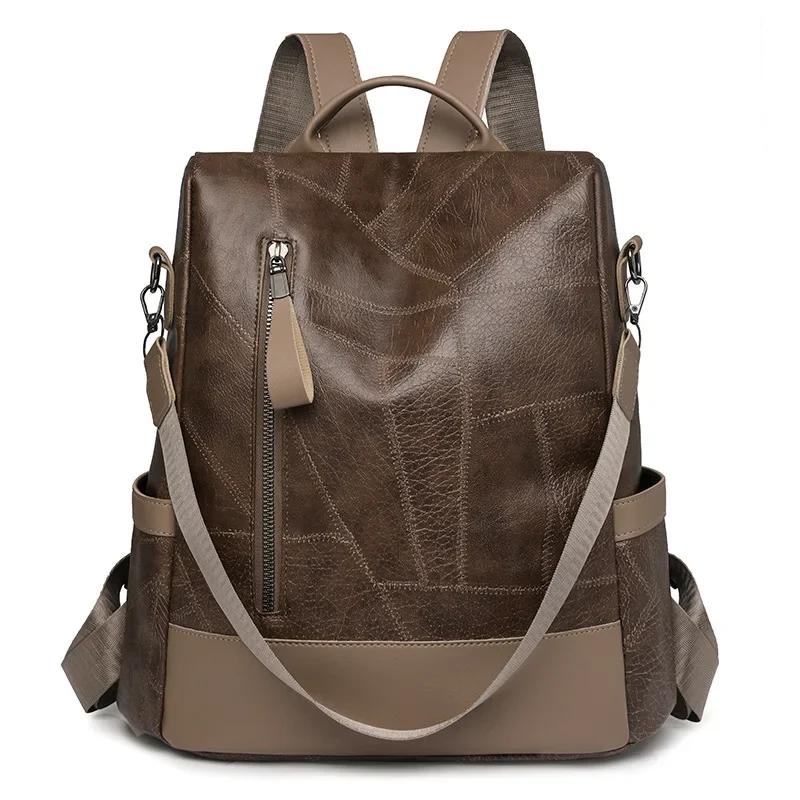 Vintage Black Leather Backpack for Women Soft PU Crossbody Shoulder Bag Anti-Theft Travel Work Bag Ladies Simple Tote Backpack