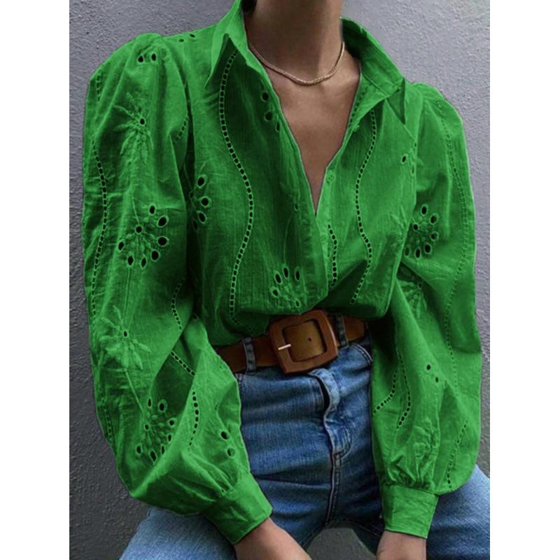 European and American retro hollow embroidered long-sleeved shirt women's summer loose and thin bubble sleeve long-sleeved shirt women's top