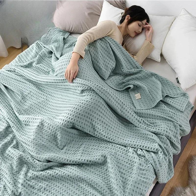 2024 Summer Waffle Plaid Cotton Bed Blanket Throw Thin Quilt Knitted Bedspread Home Hotel Coverlets Green Pink Throw Blankets
