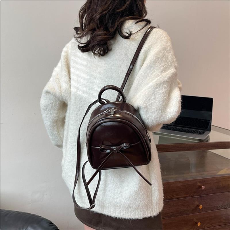 Cute Bow Solid Zipper  Pu Backpack Women'S Simple Waterproof Bag Large Capacity Travel Backpack Girly Student School Bags