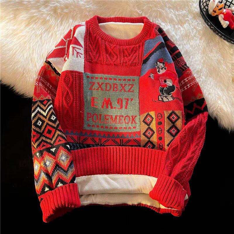 2024 Autumn/Winter Men's Plus Size Red Lapel Half-Zip Sweater - Warm, Versatile Knitwear