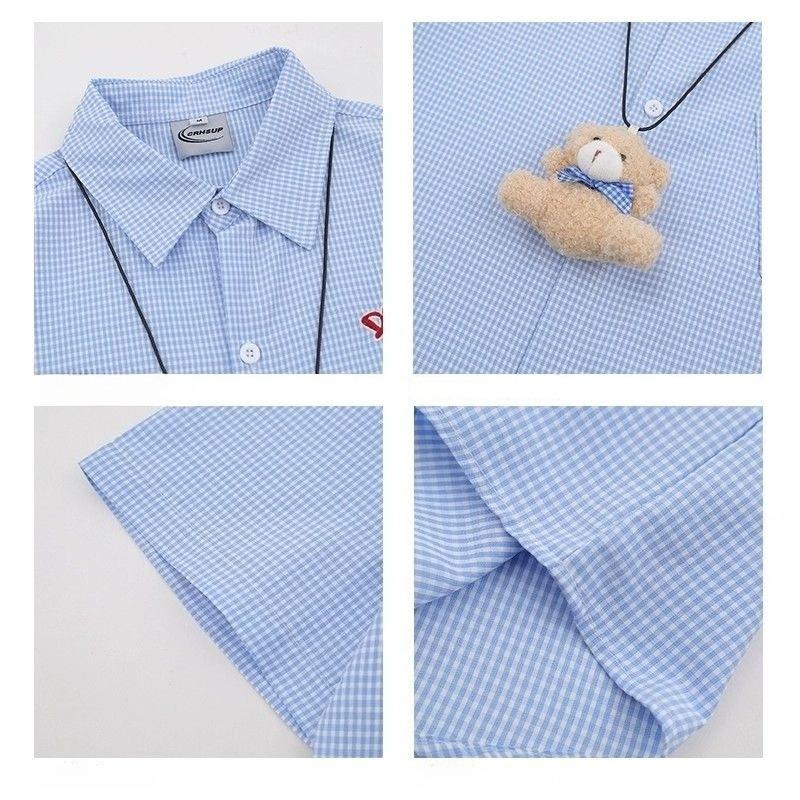 Dog Embroidered Women's Shirt Short Sleeved Teddy Bear Pendant Checkered Shirts College Style Casual Versatile Blouses