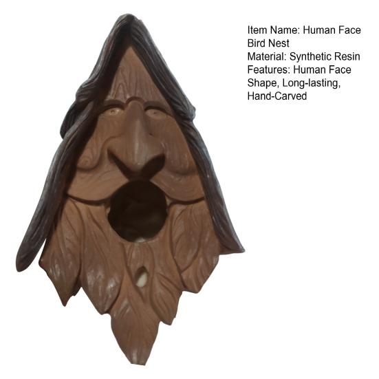 Happy Spirit-casa para pájaros de resina sintética, cara humana, nido de pájaro, árbol antiguo tallado a mano, casa para pájaros de hadas