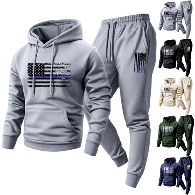 Men's Casual Printed Sweatshirt Set, Men's Hooded Drawstring Sweatshirt And Sweatpants Two-piece Set