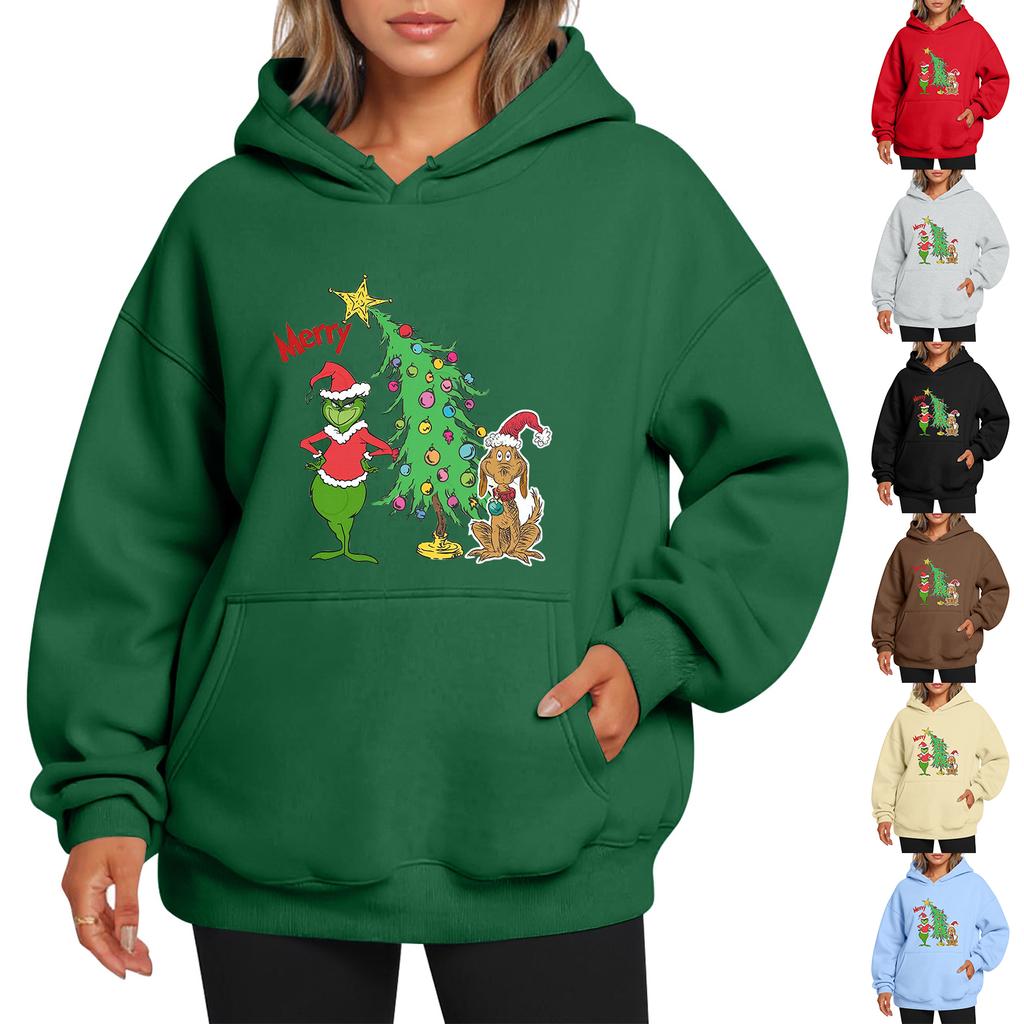 Ladies' Christmas Style Printed Hoodie With Wool And Pockets For Women