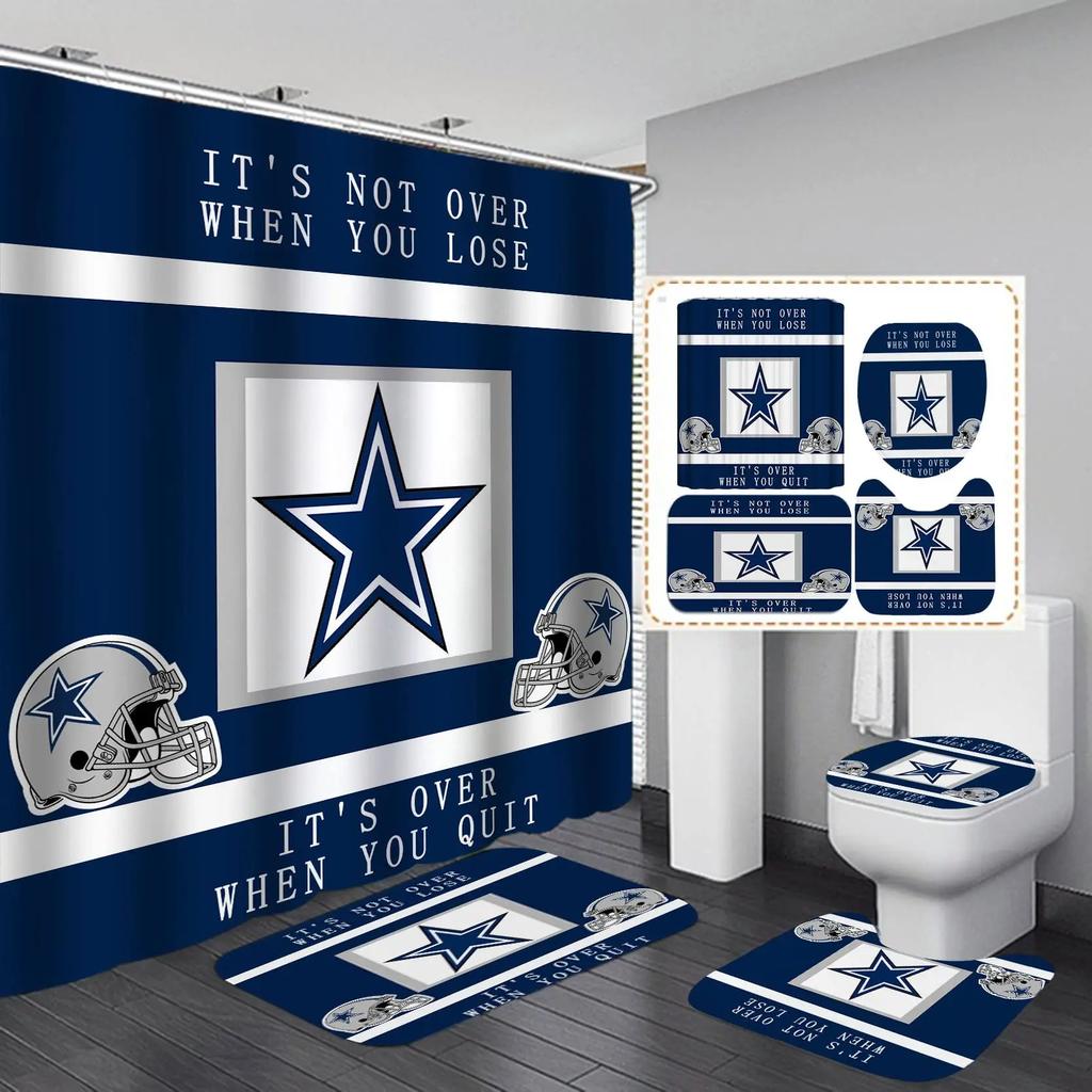 White Navy Blue American Football Shower Curtain Set,Modern Texas Star Rugby Athlete Helmet Sports Bathroom Set Non-Slip Mat Rug
