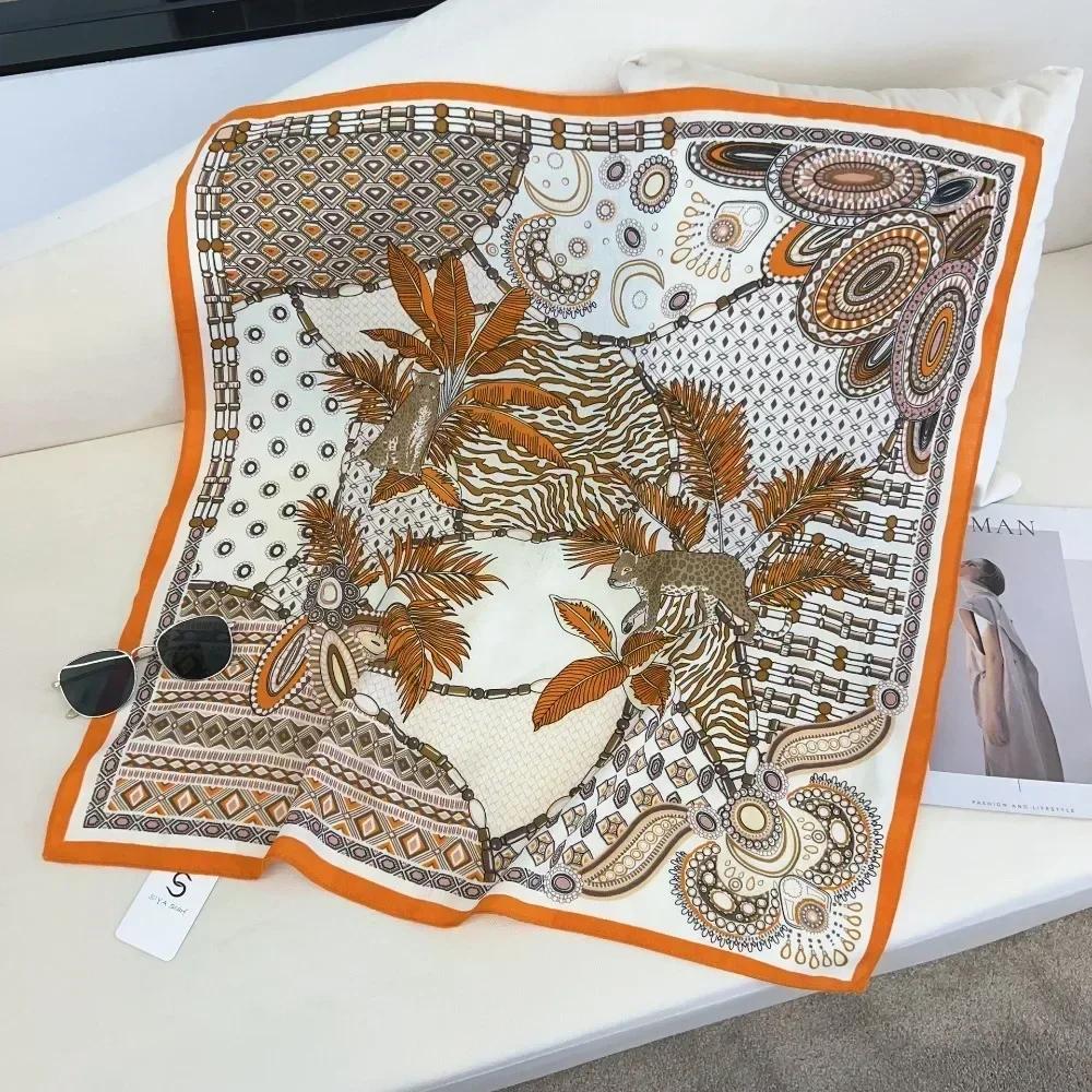 2024 Luxury Animals Floral Print 70cm Cotton Velvet Square Scarf for Women Soft Neckerchief Lady Hijab Neck Tie Hair Headbands