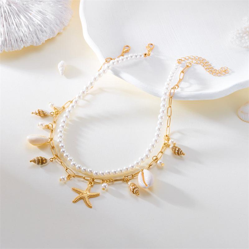 Mulitlayer Imitation Pearl Shell Starfish Pendant Necklace For Women Bohemian Ocean Elements Charm Choker Necklace Jewelry