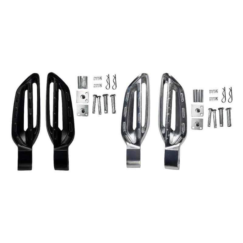 Motorcycle Passenger Footboards, Aluminum Rear Support Pair with Open-Frame Bodies, Ridged Treads, and Mounting Hardware