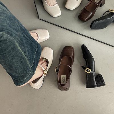 Retro Women's Shoes New Shallow-mouthed Square-toed Shoes Thick Mid-heel Shallow-mouthed Single Shoes