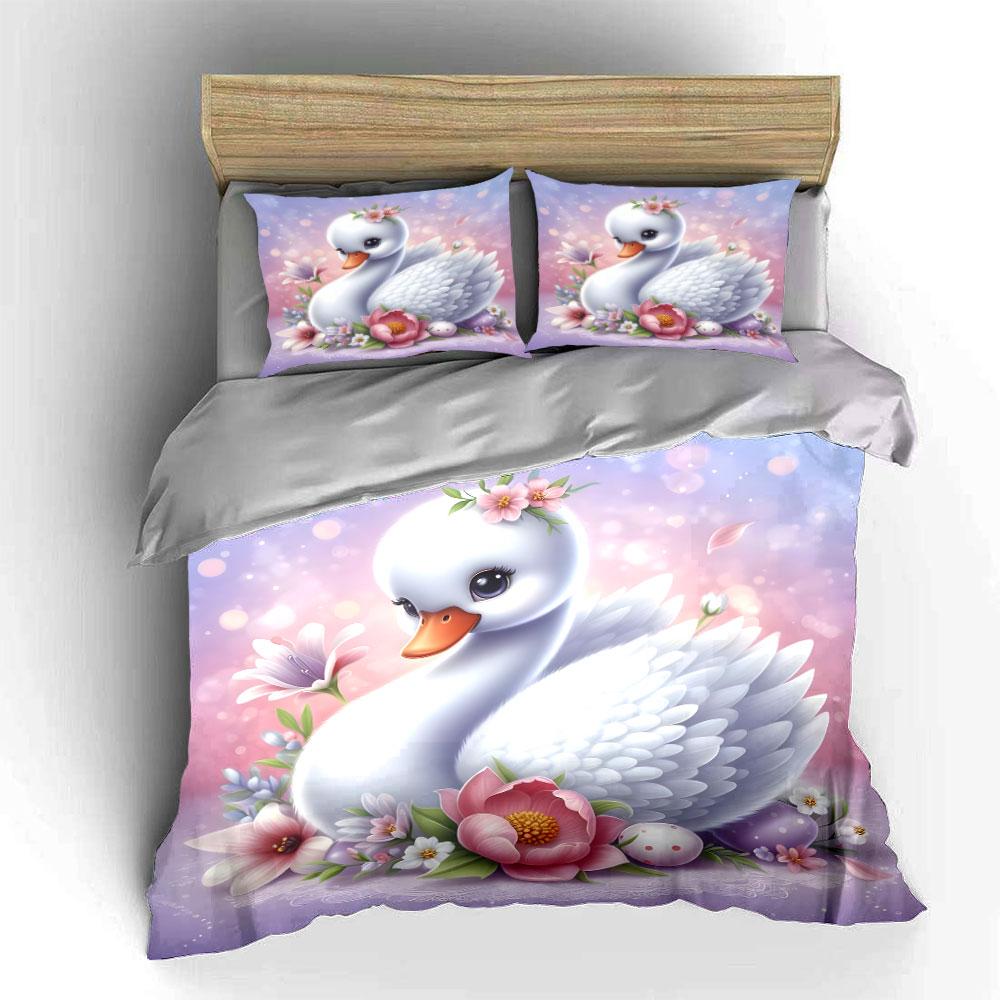 Elegant Swan with Flowers Bedding Duvet Cover Set (1*Duvet Cover 2*Pillowcases, without duvet insert)