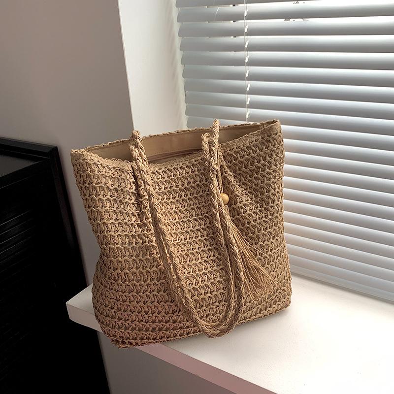 Yogodlns Women Hand Woven Tote Bag Solid Color Large Capacity Square Handbag Straw Shoulder Bag with Tassel Pendant