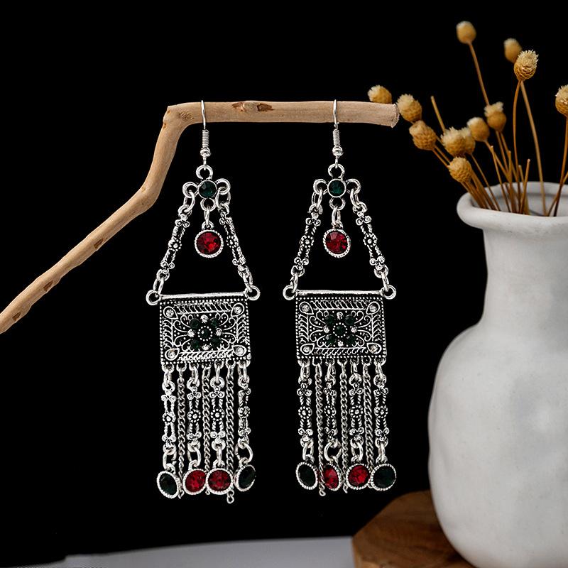 Turquoise Earrings, Vintage Owl Geometric Dream Catcher Feather Fringed Earrings Female