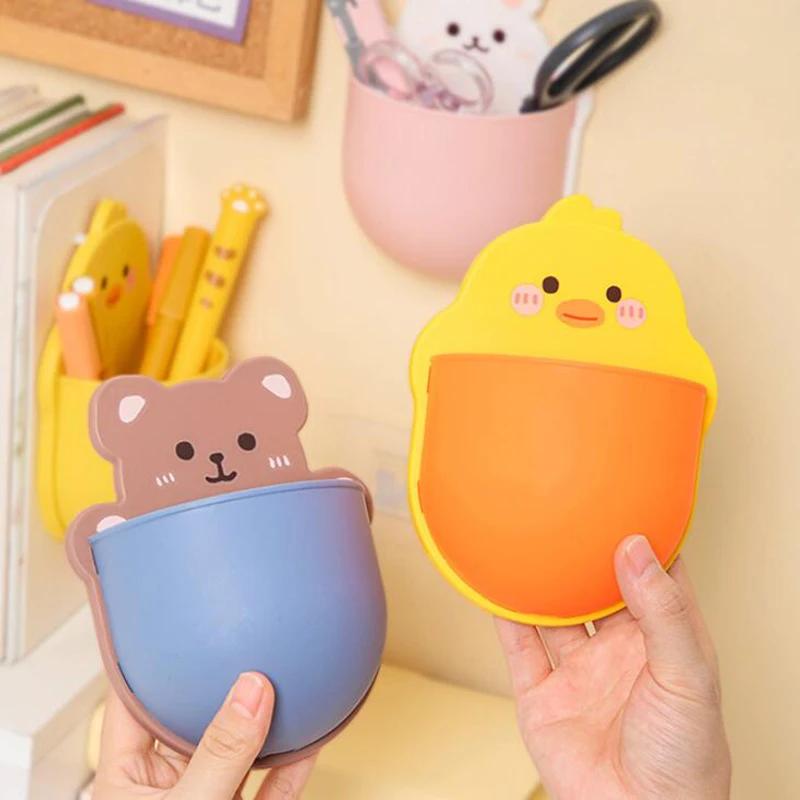 Cute Cartoon Pen Holder Self Adhesive Storage Rack Desk Organizer Kawaii Stationery Mobile Phone Cosmetics Brushes Holder Office