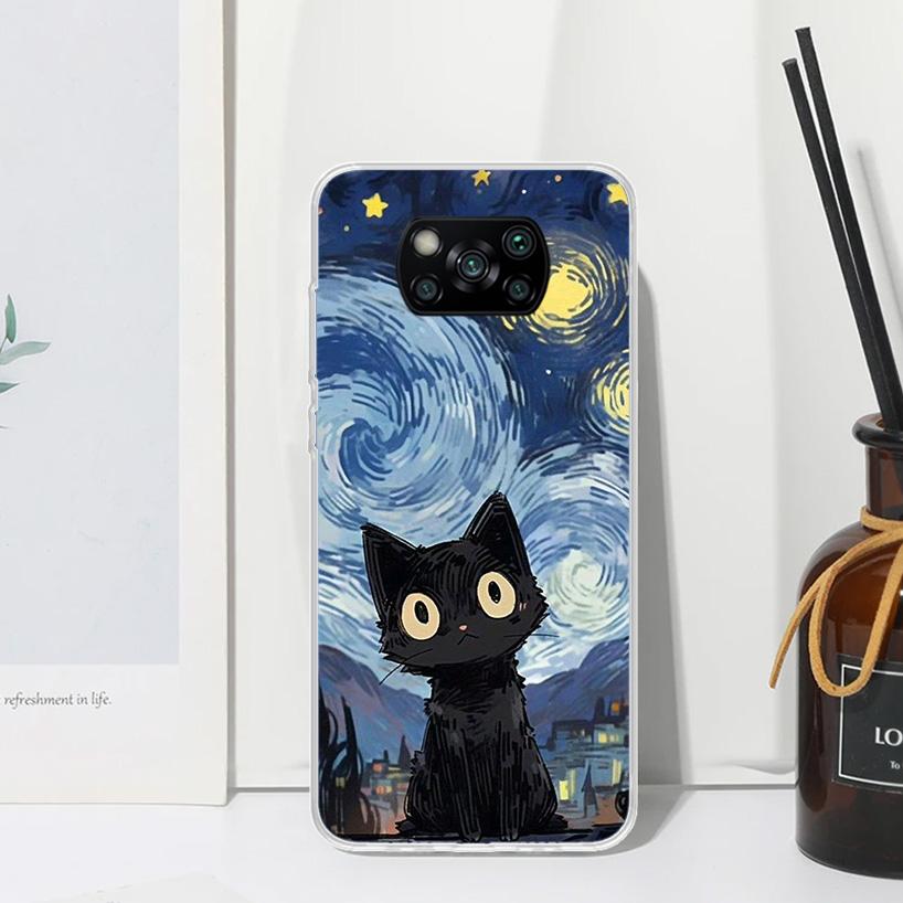 Anime Cute Black Cat Meow Phone Case For Xiaomi Poco X7 X6 X5 M7 M8 Pro F7 Ultra Redmi 15C 15 13C 13 12C 12 10 10C 10A Art Funda