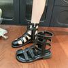 Niche design half bag head hollow leak toe cool boots thick heel leather side zipper high top sandals women