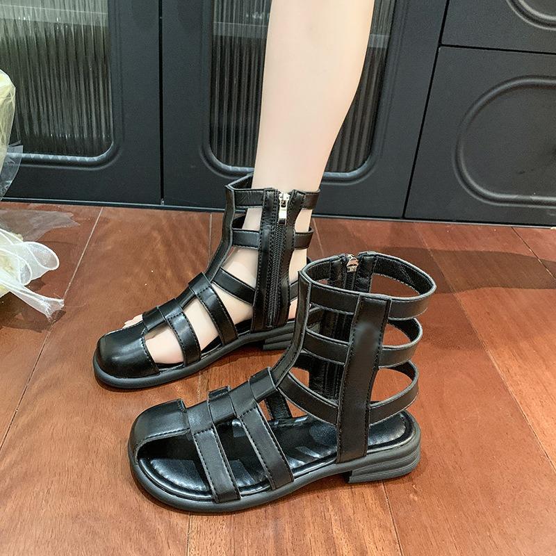 Niche design half bag head hollow leak toe cool boots thick heel leather side zipper high top sandals women