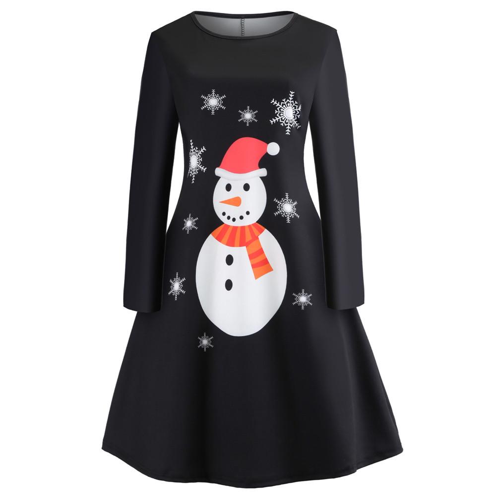 

Womens Vintage Snowman Christmas Printed Ladies Long Sleeve Dress Xmas Dress