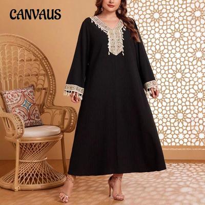 Plus Size Damenkleid Herbst Ethno-Stil Stickerei Langarm V-Ausschnitt Bauchbedeckung Altersreduzierung Langes A-Linien-Kleid