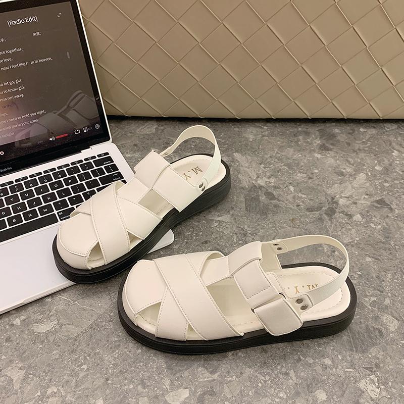 Women's Leather Muffin Sandals, Gladiator Shoes, Slip-on Toe, Thick Sole, New Collection for Summer 2025