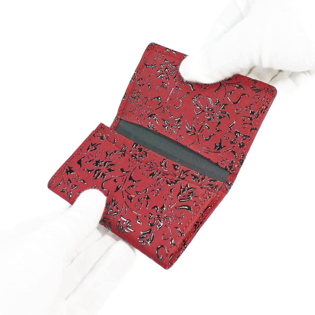 Indenya Business Card Case 2501-3041, Red Deer Leather with Black Lacquer, Floral Arabesque Pattern 2501-03-041