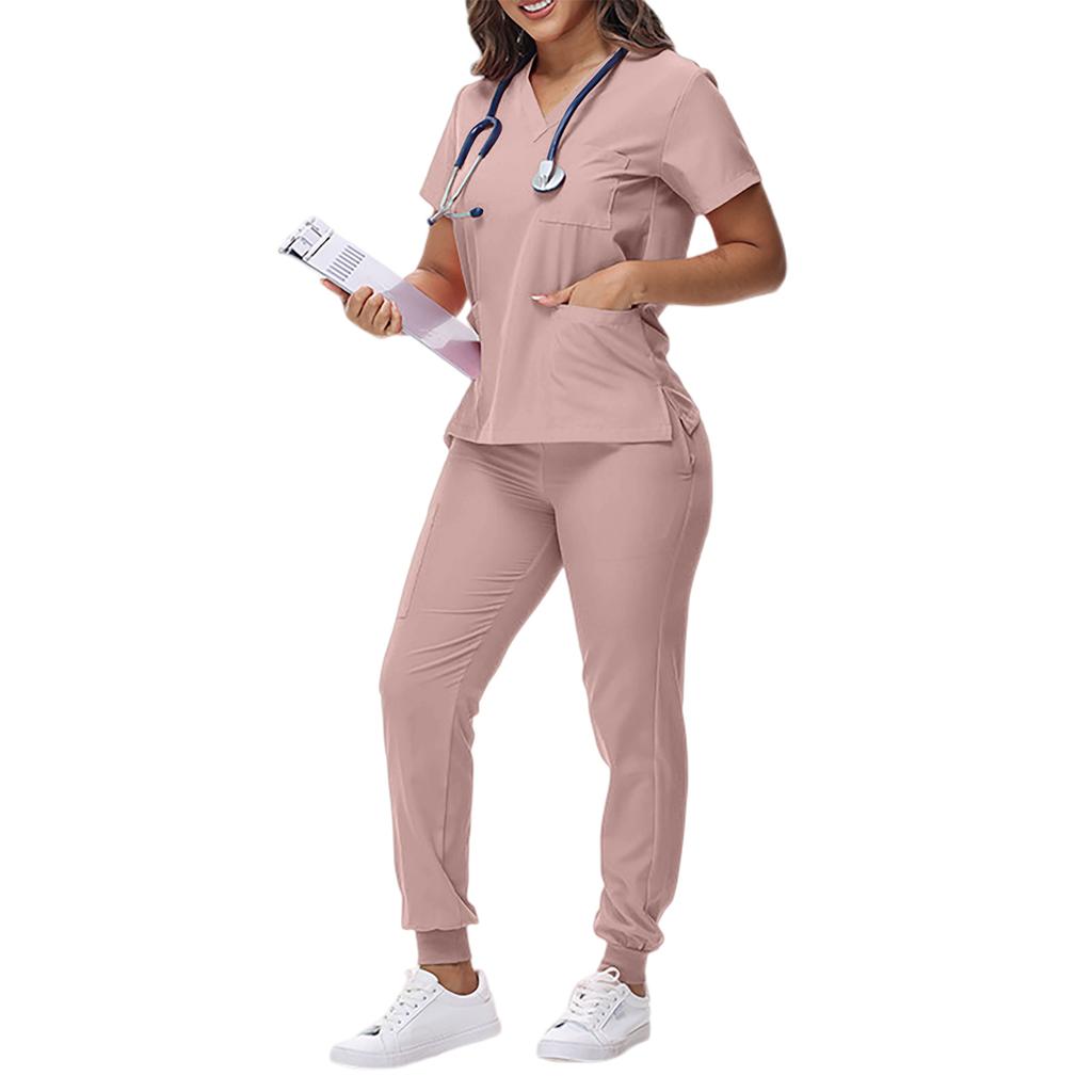 Women's Loose And Comfortable V-neck Short Sleeved Workwear With Tie Up Top And Waist Cinching Beauty Suit Set