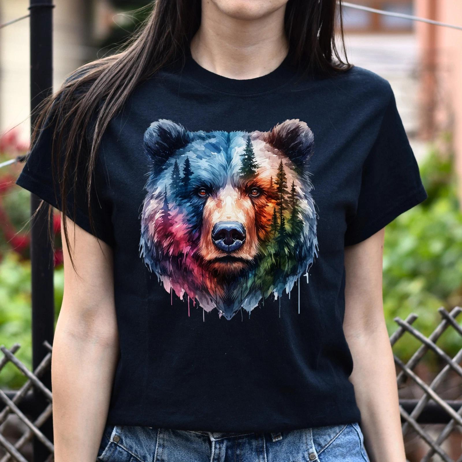 Grizzly and Forest Watercolor Unisex T-shirt Black Navy Dark Heather 2XL